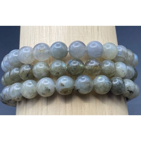 Set 3 Natural Labradorite 8 mm Stretch Bracelets Silver Tone Koi Fish Tube Bead - Picture 10 of 13